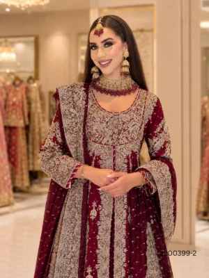Maroon Peplum Style Bridal Farshi Lehenga — detail view | Jabeenz UK
