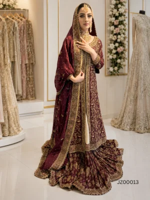 Maroon Front-Open Farshi Lehenga — styling view | Jabeenz UK