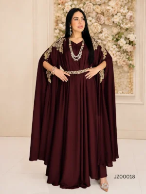 Maroon Georgette Silk Pocho-Style Kaftan Dress — close-up view | Jabeenz UK