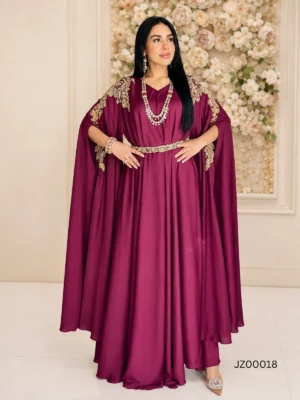 Maroon Georgette Silk Pocho-Style Kaftan Dress — detail view | Jabeenz UK
