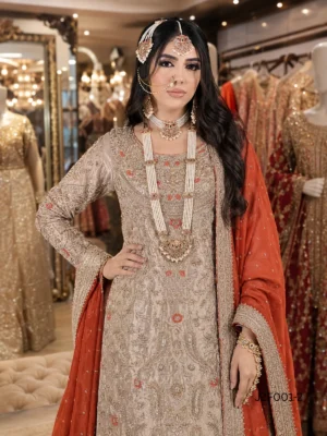 Golden & Peach Embellished Formal Nikkah Dress — close-up view | Jabeenz UK