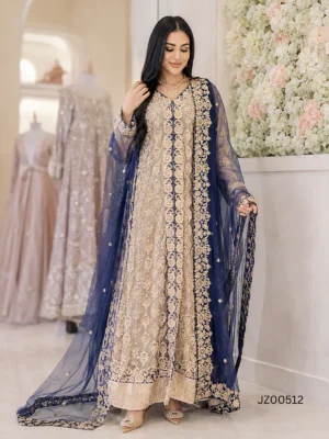 Blue and Golden Jacket Maxi — close-up view | Jabeenz UK