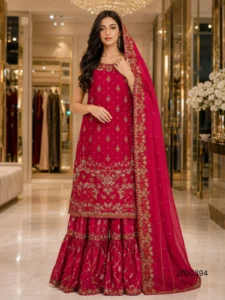 Bespoke bridal dress - Red Bridal Lehenga with Sleeveless Shirt - Jabeenz Manchester