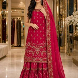 Red Bridal Lehenga with Sleeveless Shirt