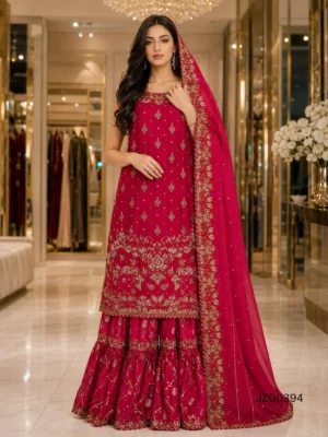 Bespoke bridal dress - Red Bridal Lehenga with Sleeveless Shirt - Jabeenz Manchester