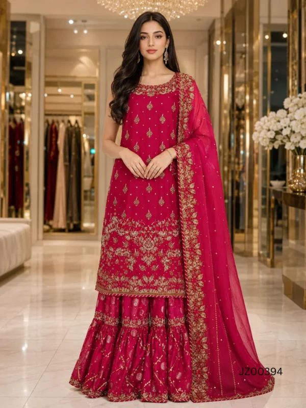 Red bridal outfit - Red Bridal Lehenga with Sleeveless Shirt detail - Jabeenz