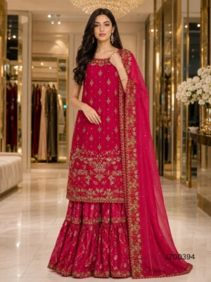 Barat bridal outfit - Red Bridal Lehenga with Sleeveless Shirt detail - Jabeenz