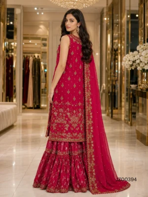 Walima bridal outfit - Red Bridal Lehenga with Sleeveless Shirt detail - Jabeenz