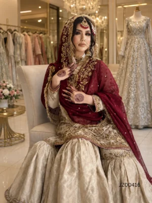 Golden Gharara with Maroon Dupatta — detail view | Jabeenz UK