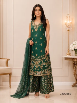 Pakistani wedding guest outfit - Bottle Green Party Wear detail - Jabeenz
