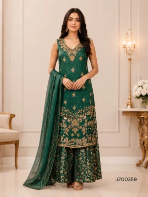 Mehndi guest outfit - Bottle Green Party Wear detail - Jabeenz