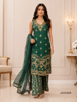 Baraat guest outfit - Bottle Green Party Wear detail - Jabeenz