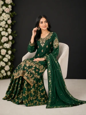 Bottle Green Shirt with Sharara — close-up view | Jabeenz UK