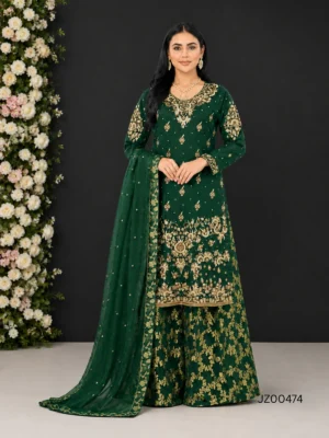 Bottle Green Shirt with Sharara — detail view | Jabeenz UK