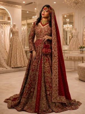 Heavily Embroidered Bridal Maxi with Banarsi Lehenga — close-up view | Jabeenz UK
