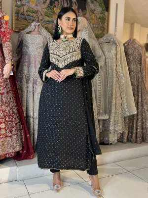 Elegant Black Chiffon Partywear Ensemble - Bridesmaid Dresses, Formal Wear, Party Wear, Wedding Guest Dresses - Walima | Jabeenz UK