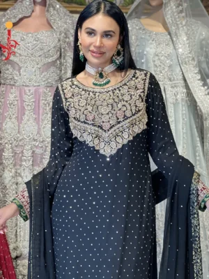 Elegant Black Chiffon Partywear Ensemble - Bridesmaid Dresses, Formal Wear, Party Wear, Wedding Guest Dresses - Walima | Jabeenz UK