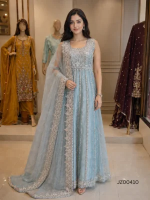 Pakistani wedding guest dress - Ice Blue Embellished Maxi - Jabeenz Manchester