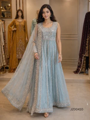 Mehndi guest outfit - Ice Blue Embellished Maxi detail - Jabeenz