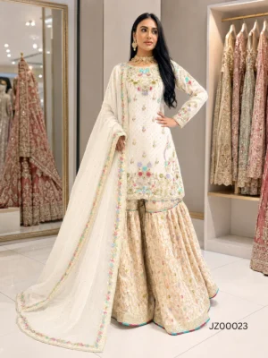 White Gharara with Multi Color Embroidery — close-up view | Jabeenz UK