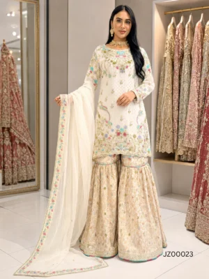 White Gharara with Multi Color Embroidery — detail view | Jabeenz UK