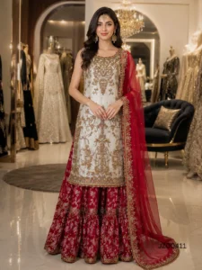 Pakistani bridal dress - Grey & Red Bridal Lehenga Dress - Jabeenz Manchester