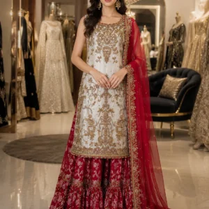 Grey & Red Bridal Lehenga Dress