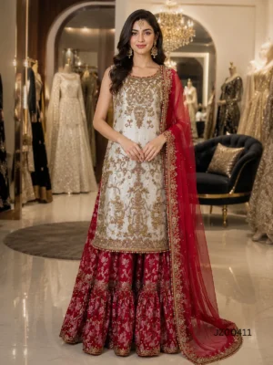 Pakistani bridal dress - Grey & Red Bridal Lehenga Dress - Jabeenz Manchester