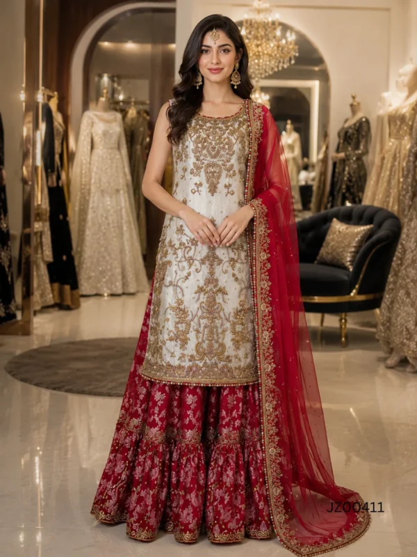 Grey & Red Bridal Lehenga Dress