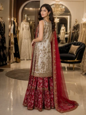 Asian bridal outfit - Grey & Red Bridal Lehenga Dress detail - Jabeenz
