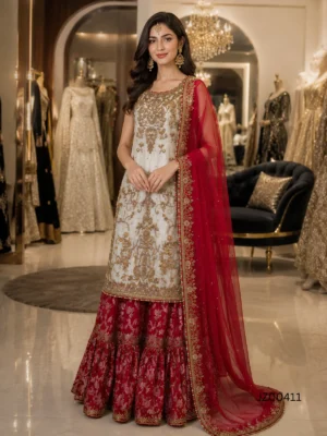 Walima bridal outfit - Grey & Red Bridal Lehenga Dress detail - Jabeenz