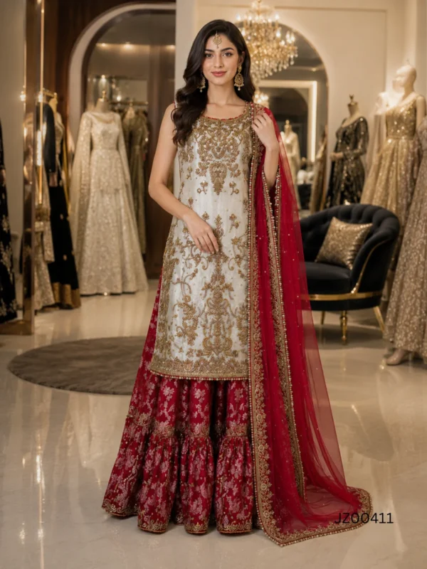 Grey & Red Bridal Lehenga Dress - alternate view