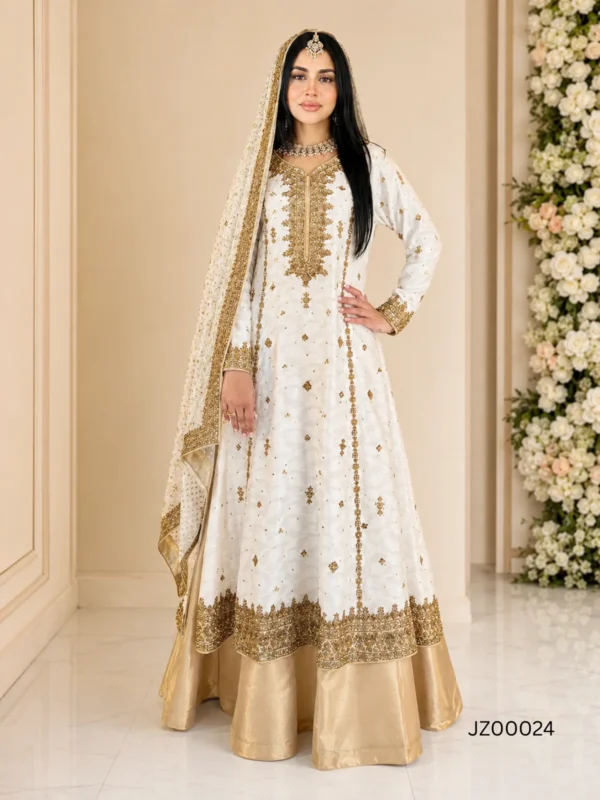 White & Golden Pakistani Wedding Party Wear Lehenga