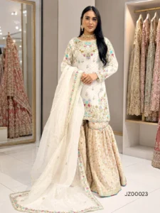 White Gharara with Multi Color Embroidery
