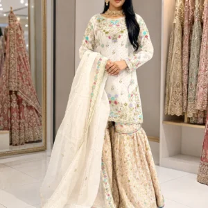 White Gharara with Multi Color Embroidery
