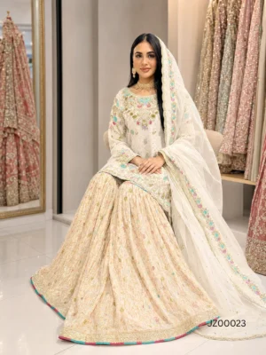White Gharara with Multi Color Embroidery — back view | Jabeenz UK