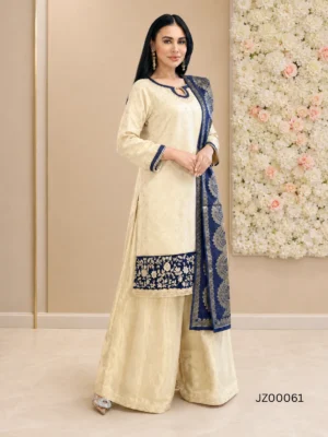 Golden and Blue Sharara Dress — close-up view | Jabeenz UK