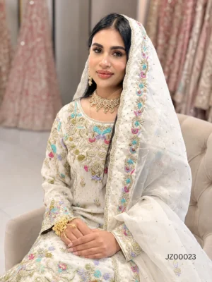 White Gharara with Multi Color Embroidery — styling view | Jabeenz UK