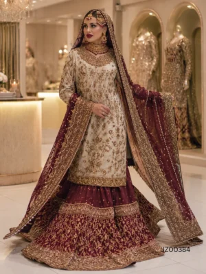Deep Maroon Farshi Lehenga — close-up view | Jabeenz UK