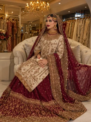 Deep Maroon Farshi Lehenga — detail view | Jabeenz UK