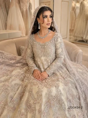 Fawn Embellished Bridal Maxi with Organza Dupatta — close-up view | Jabeenz UK
