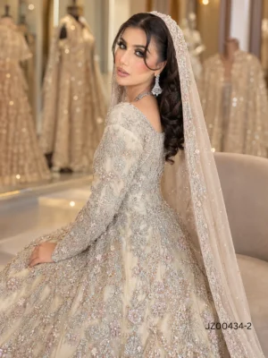 Fawn Embellished Bridal Maxi with Organza Dupatta — back view | Jabeenz UK