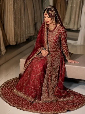 Deep Red Bridal Farshi Lehenga — close-up view | Jabeenz UK
