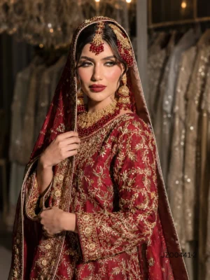 Deep Red Bridal Farshi Lehenga — detail view | Jabeenz UK