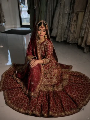 Deep Red Bridal Farshi Lehenga — back view | Jabeenz UK