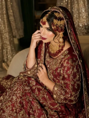 Deep Red Bridal Farshi Lehenga — front view | Jabeenz UK