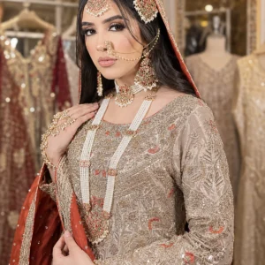 Golden & Peach Embellished Formal Nikkah Dress