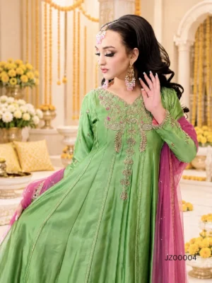 Parrot Green Pakistani Wedding & Party Wear Palazzo — close-up view | Jabeenz UK