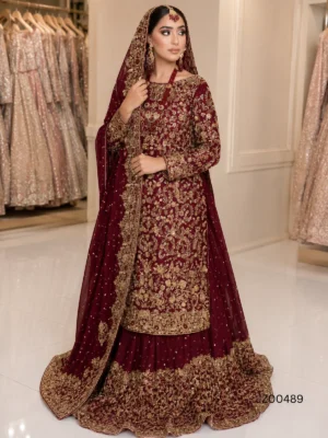 Hyderabadi-Inspired Maroon Bridal Ensemble — close-up view | Jabeenz UK