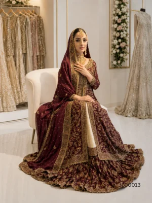 Maroon Front-Open Farshi Lehenga — close-up view | Jabeenz UK